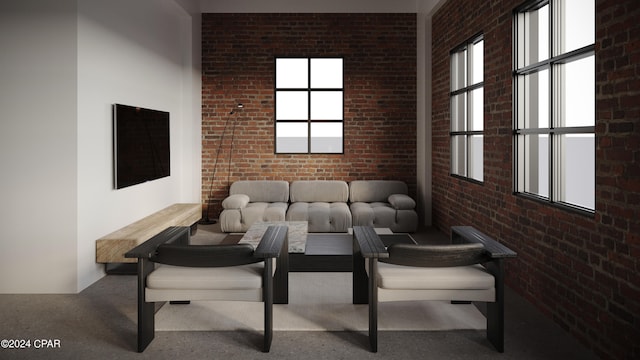 dining area with brick wall and carpet flooring