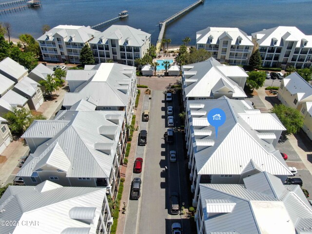 bird's eye view with a water view