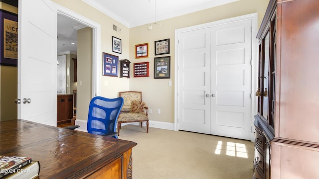 living area featuring light colored carpet and ornamental molding