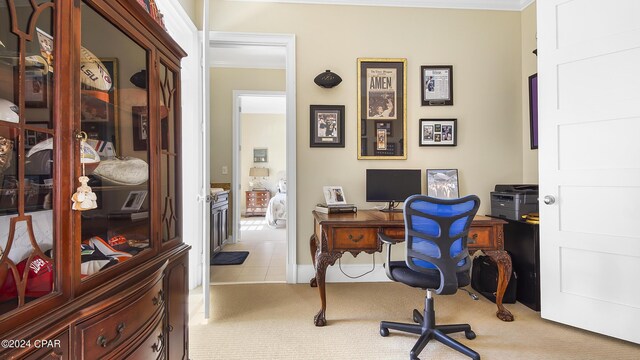 tiled office featuring crown molding