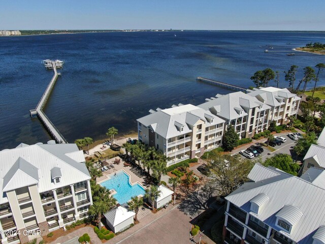 drone / aerial view with a water view