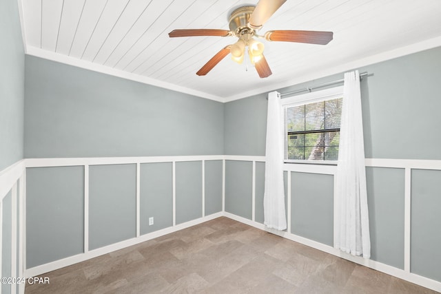 unfurnished room with tile flooring, ceiling fan, and wood ceiling