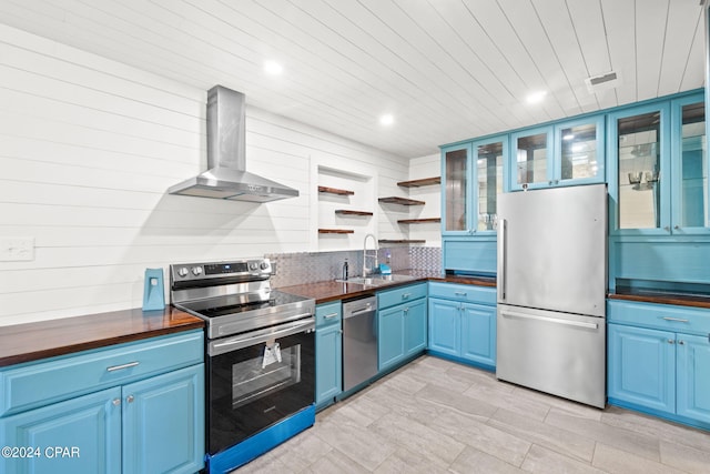 kitchen featuring backsplash, stainless steel appliances, wall chimney range hood, sink, and blue cabinets