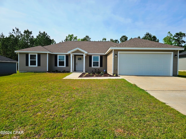 single story home featuring a front yard and a garage