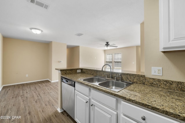 kitchen with ceiling fan, dishwasher, sink, light hardwood / wood-style floors, and white cabinets