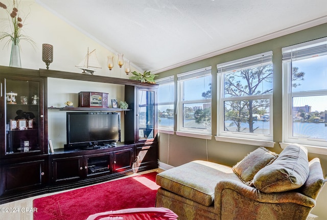 living area with ornamental molding, a water view, and lofted ceiling