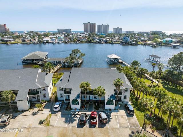 drone / aerial view featuring a water view