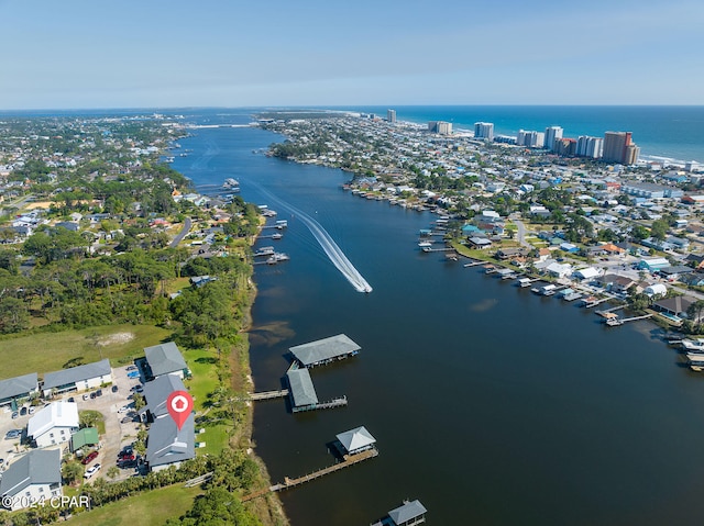 drone / aerial view featuring a water view