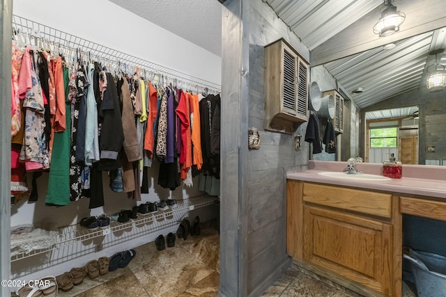 interior space with sink and vaulted ceiling