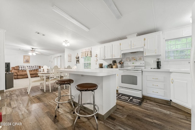 kitchen with ceiling fan, white cabinetry, electric range, and dark wood-type flooring