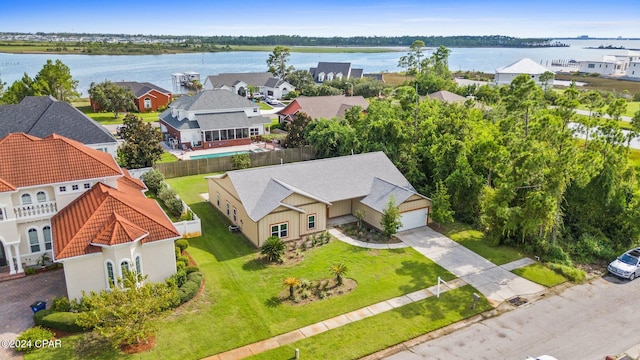 aerial view featuring a water view