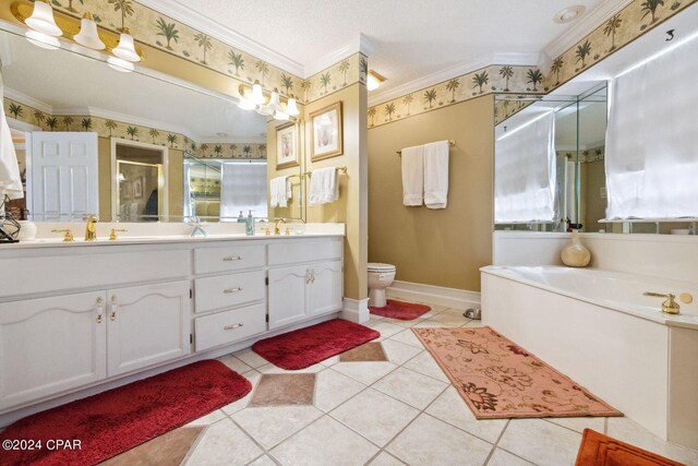 bathroom featuring tile flooring, double sink vanity, crown molding, and toilet