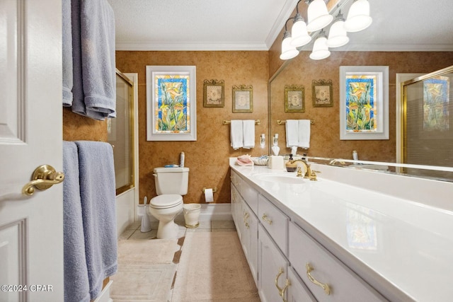 full bathroom with toilet, enclosed tub / shower combo, vanity, tile floors, and ornamental molding