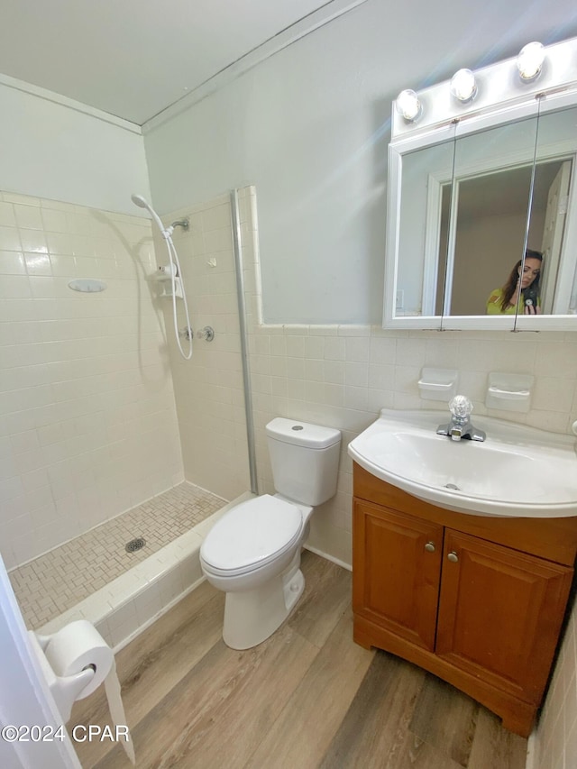 bathroom featuring tile walls, tasteful backsplash, toilet, wood-type flooring, and vanity