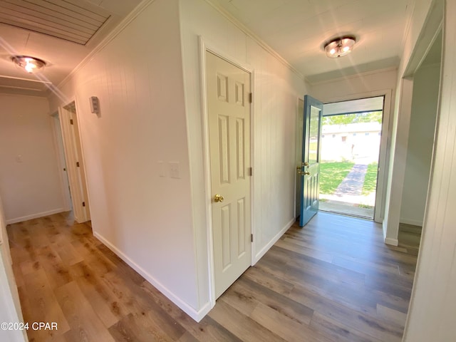 hallway featuring light hardwood / wood-style floors and crown molding