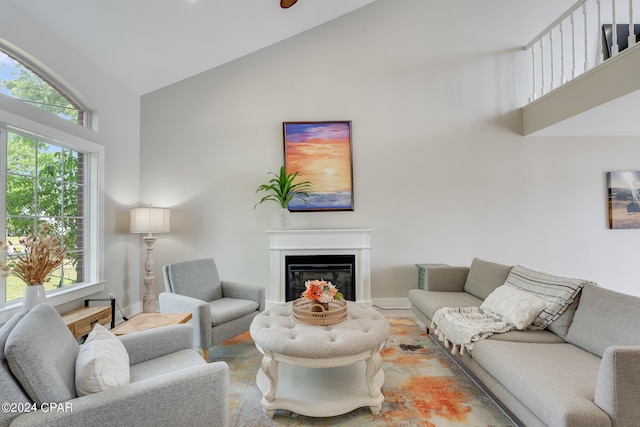 living room featuring high vaulted ceiling