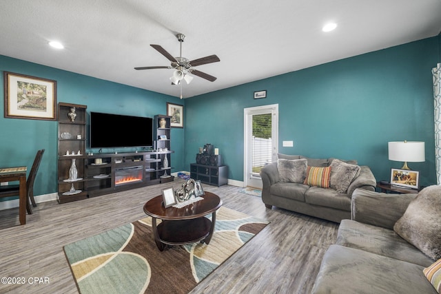 living room with wood-type flooring and ceiling fan