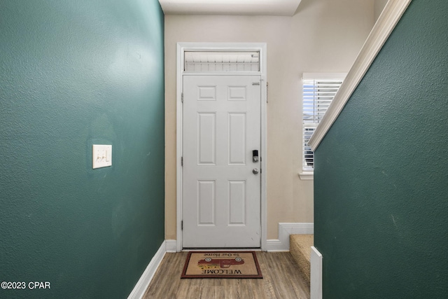 doorway with wood-type flooring