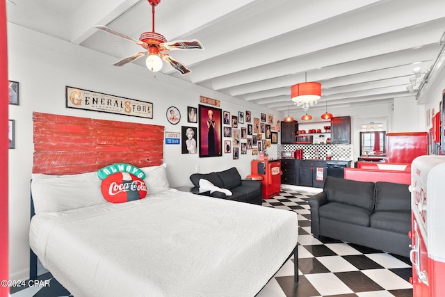 tiled bedroom with beam ceiling and ceiling fan