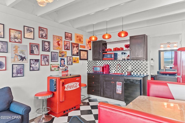 bar featuring hanging light fixtures, backsplash, black appliances, beam ceiling, and dark tile floors