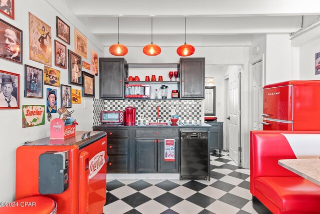 bar featuring wine cooler, pendant lighting, backsplash, paneled fridge, and dark tile flooring