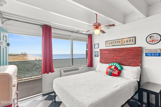 bedroom featuring a water view, ceiling fan, and tile flooring