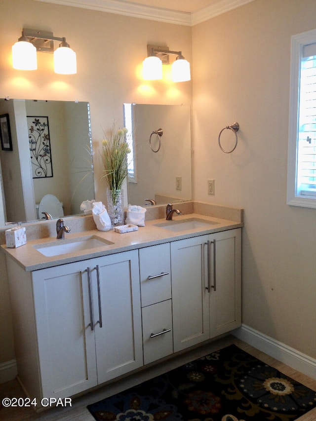 bathroom with a wealth of natural light, dual bowl vanity, and ornamental molding