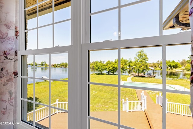 interior space featuring a water view