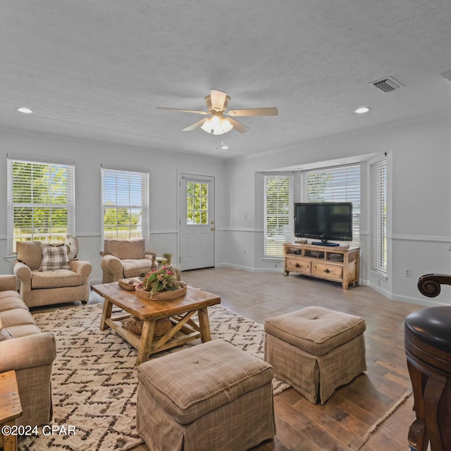 living room with ceiling fan, hardwood / wood-style flooring, and a textured ceiling