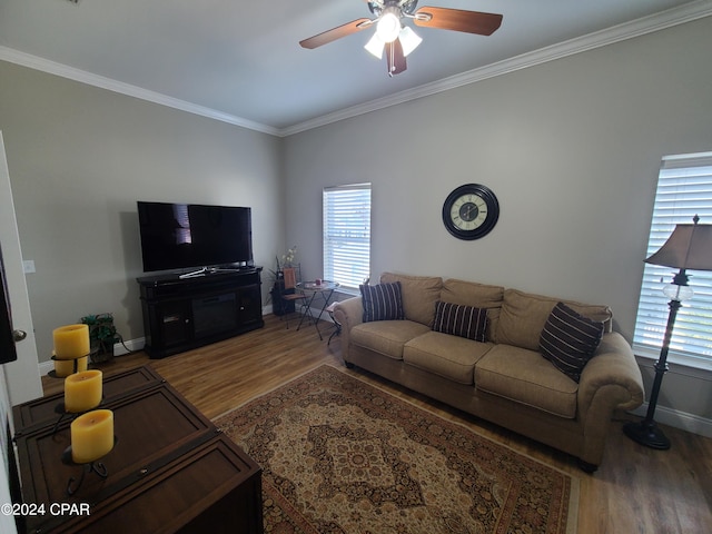 living room featuring a wealth of natural light, crown molding, wood-type flooring, and ceiling fan