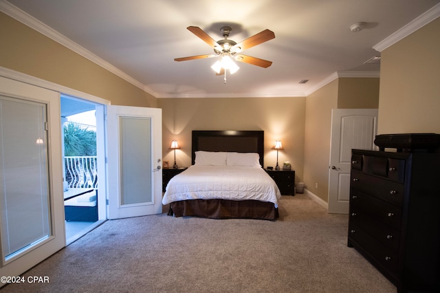 bedroom with ornamental molding, ceiling fan, access to outside, and carpet floors