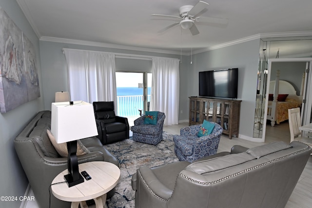 living room featuring crown molding and ceiling fan