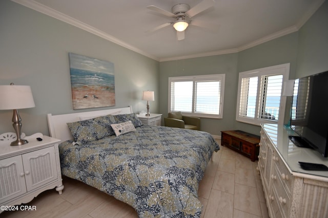 tiled bedroom featuring ceiling fan and crown molding