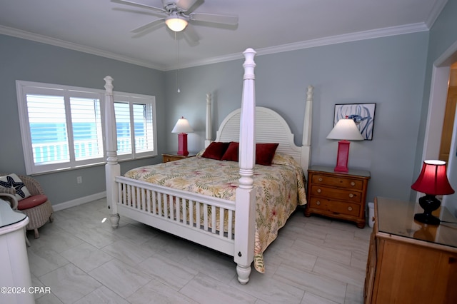 bedroom featuring ceiling fan and ornamental molding