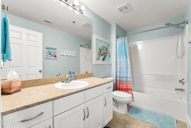 full bathroom with shower / bath combination with curtain, tile patterned floors, vanity, and toilet