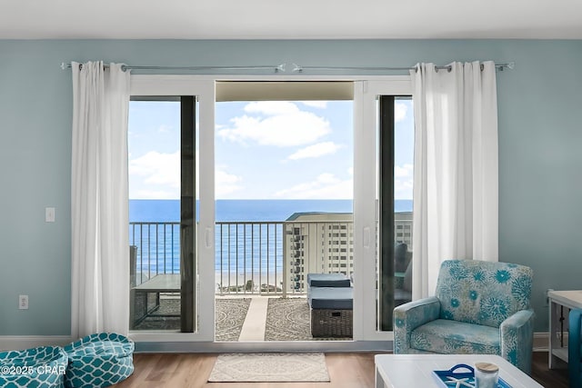 doorway featuring hardwood / wood-style flooring and a water view