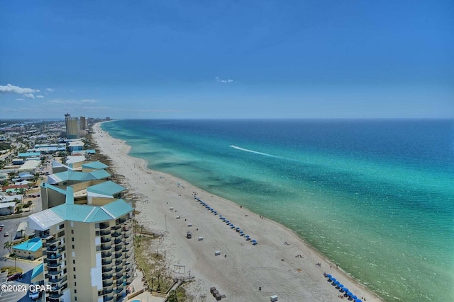 drone / aerial view with a water view and a view of the beach