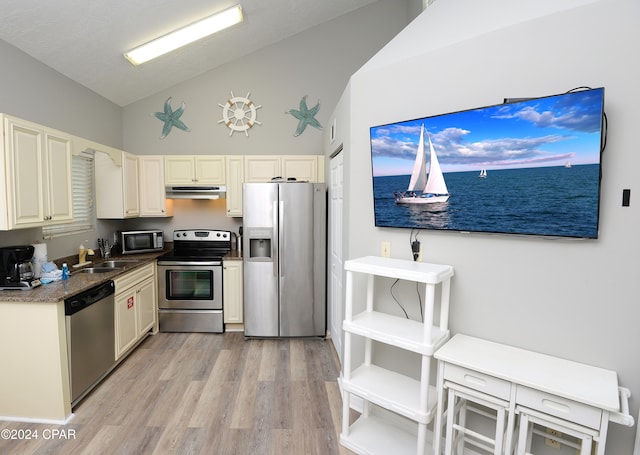 kitchen featuring sink, light hardwood / wood-style floors, stainless steel appliances, and vaulted ceiling