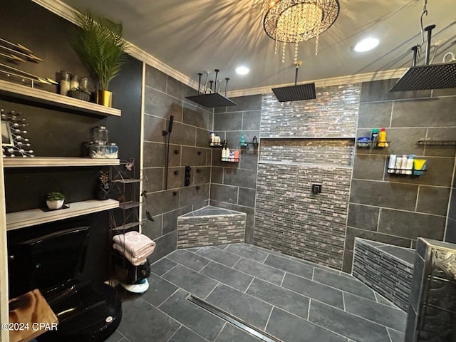 bathroom with an inviting chandelier, tile walls, a shower, and ornamental molding