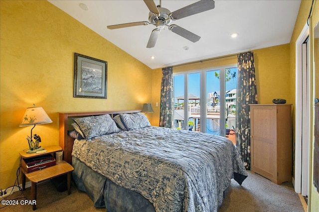 bedroom with access to exterior, ceiling fan, lofted ceiling, and carpet