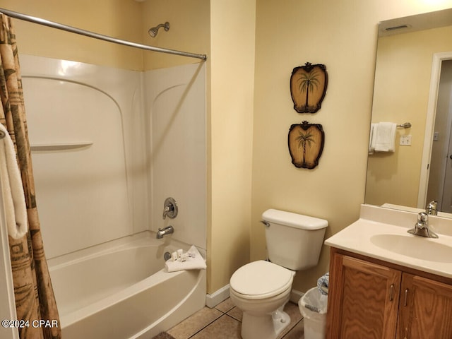 full bathroom featuring toilet, tile floors, vanity, and shower / tub combo with curtain