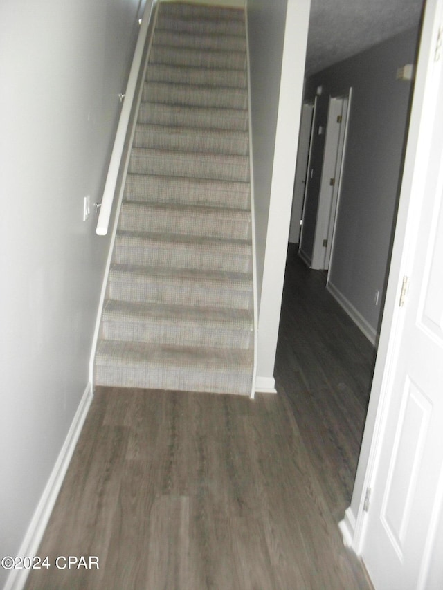 stairway with hardwood / wood-style floors