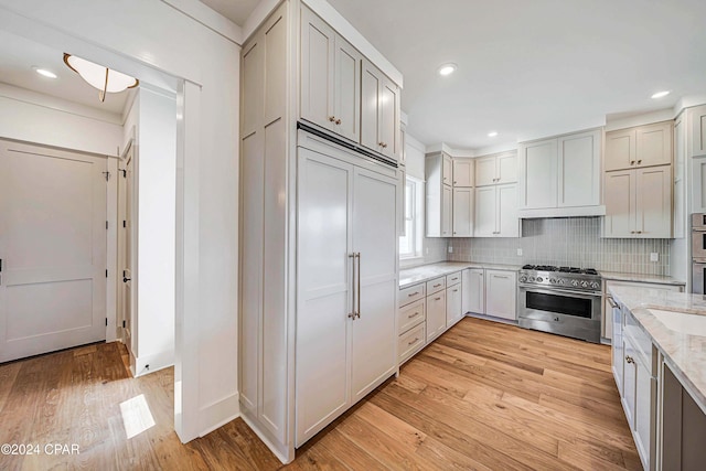 kitchen with sink, backsplash, light stone counters, light hardwood / wood-style flooring, and high end appliances