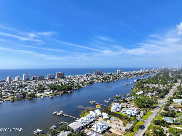 drone / aerial view with a water view