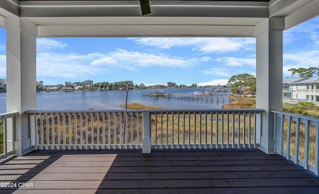 deck featuring a water view