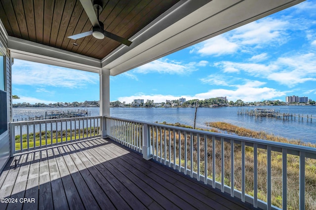 wooden terrace featuring a water view and ceiling fan