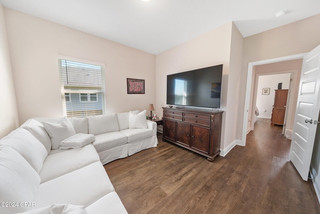 living room with dark hardwood / wood-style flooring