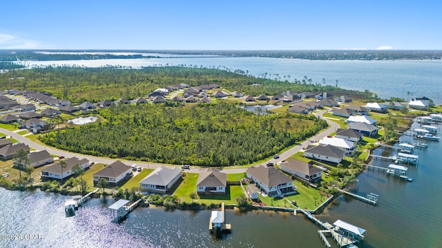 bird's eye view with a water view