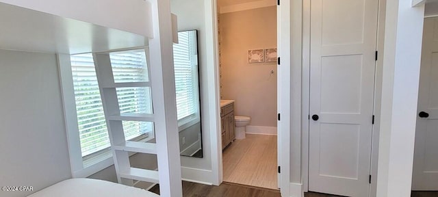 bathroom with hardwood / wood-style flooring and vanity