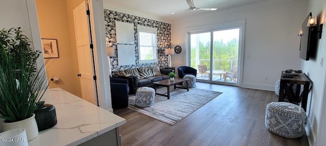 living room with ceiling fan, crown molding, and dark wood-type flooring